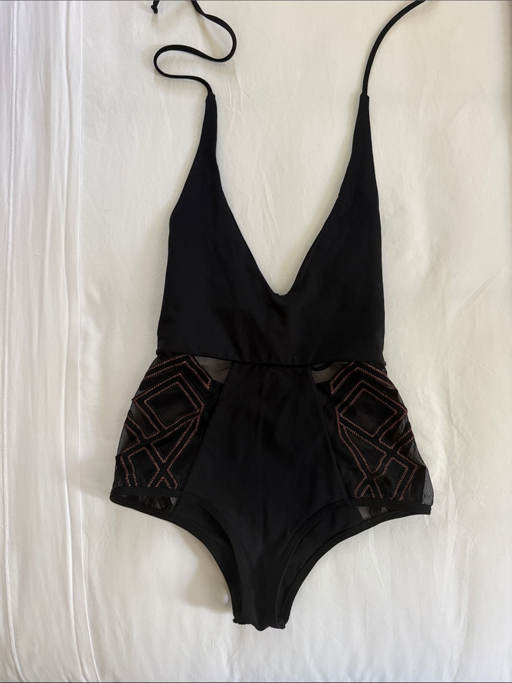 l*space Black One-Piece Swimsuit with Geometric Embroidery